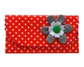 The Ric Rac Clutch Purse with gray flower on orange polka dots