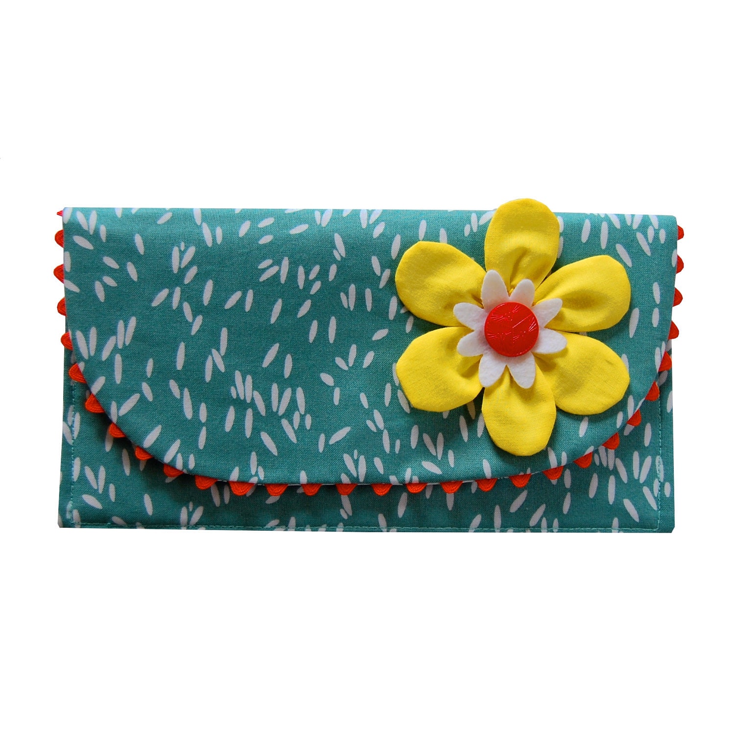 The Ric Rac Clutch Purse with yellow flower on teal