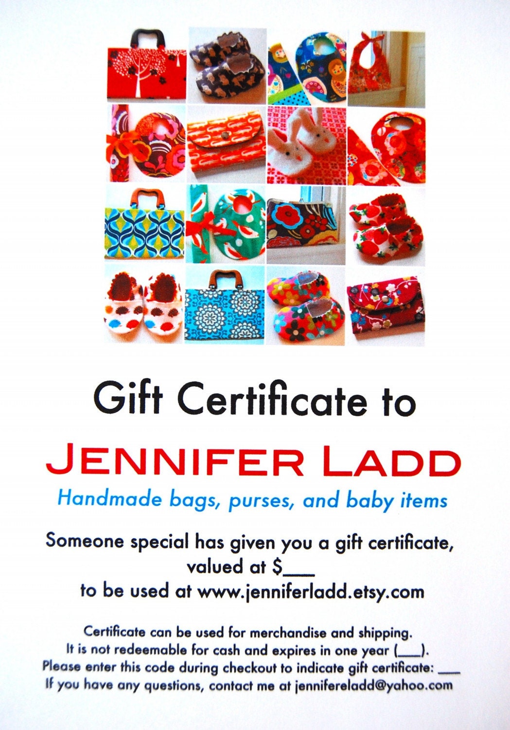 40 dollar gift certificate to Jennifer Ladd's shop