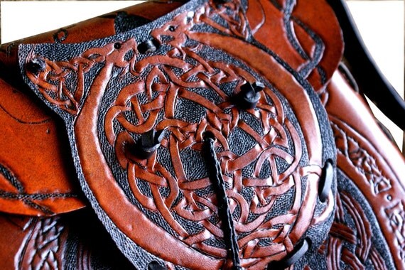 The Lohikaarme Leather Handbag-  Dragons Fire Snake Leather Pattern and Tooled leather Celtic Knotwork