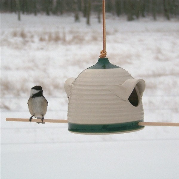 Bird Feeder in Forest Green and Cream (sunflower seed feeder for chickadees, finches etc.)
