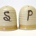Salt and Pepper Shaker Set in Sand with a Tan Stripe Handnade Pottery