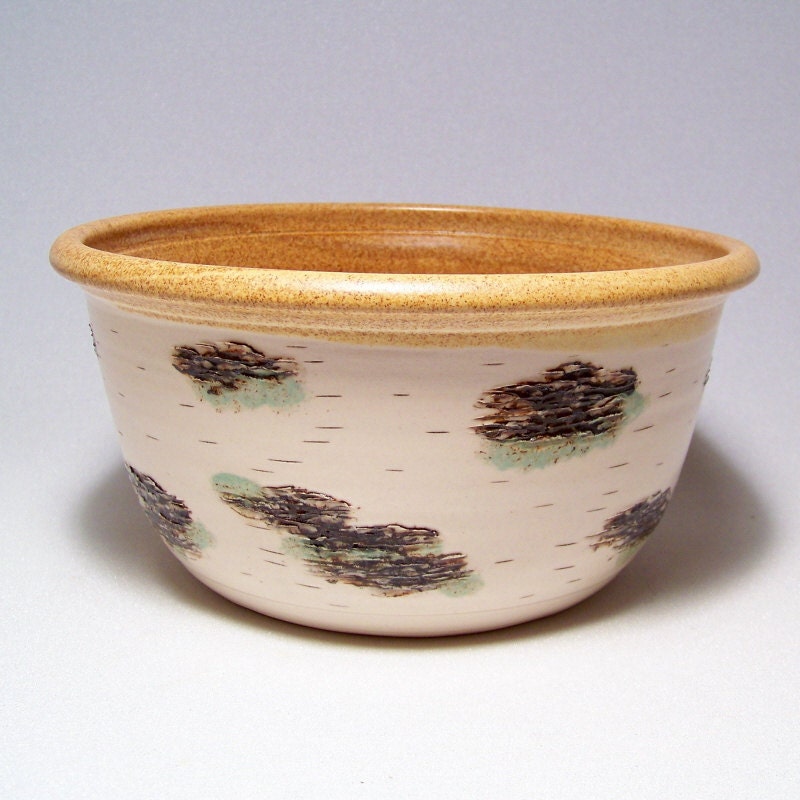 RESERVED Custom T.C. Birch Bark design Pottery 1 qt and 2 quart Serving Bowl Limited Series 56 and three mugs,