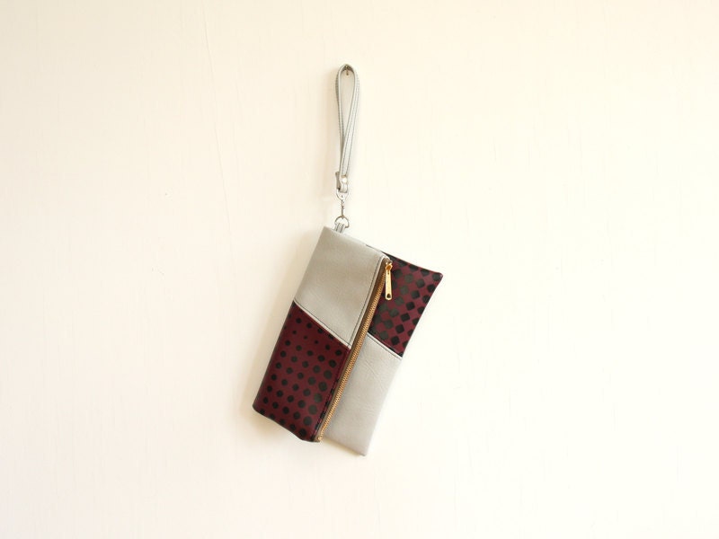 Fold-over Wristlet Clutch - Faux Leather in Gray and Berry