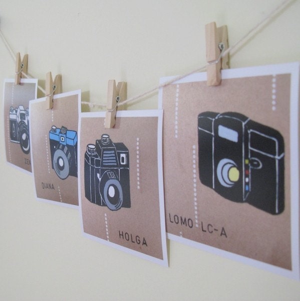 Lomography Camera Art Print Set of 4 Wall Decor 4 x 4 For Him, Holga Diana Zenit Lomo LCA Retro Home Decor
