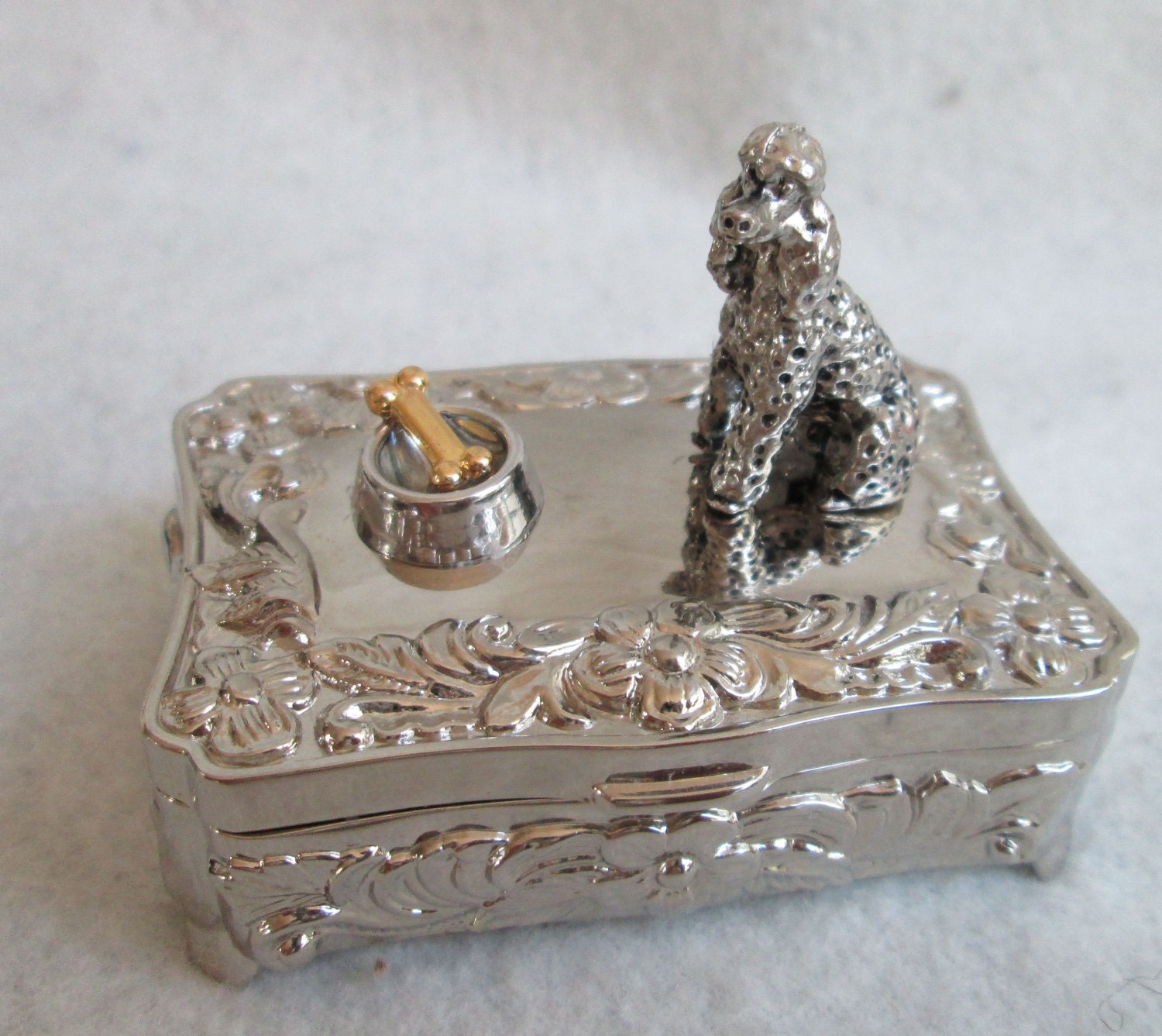 Lovely Silver Plated French Poodle Trinket box With Bowl and Bone