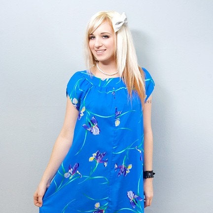 Vintage Muumuu Dress 1970s Blue Iris Floral Print Tent