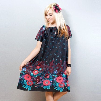 Vintage 1970s Black/Colorful Floral Print Tent Dress