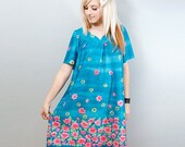Vintage 1970s Teal/Hot Pink Floral Print Tent Dress