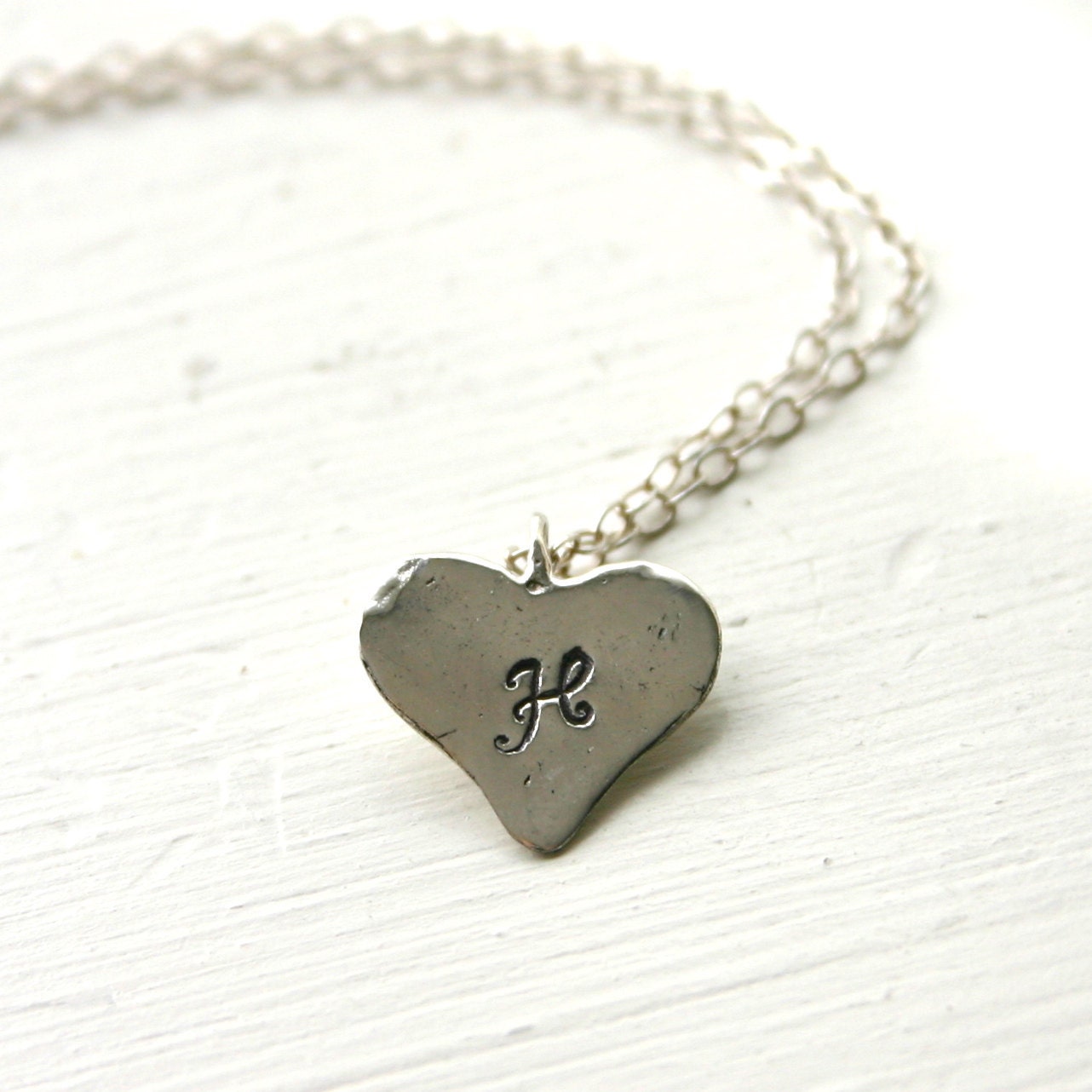 Sterling silver heart initial necklace - Hand stamped personalized necklace