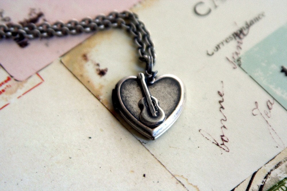 guitar locket necklace. silver ox