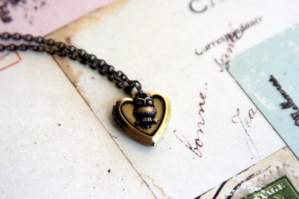 owl.  heart locket necklace. brass ox