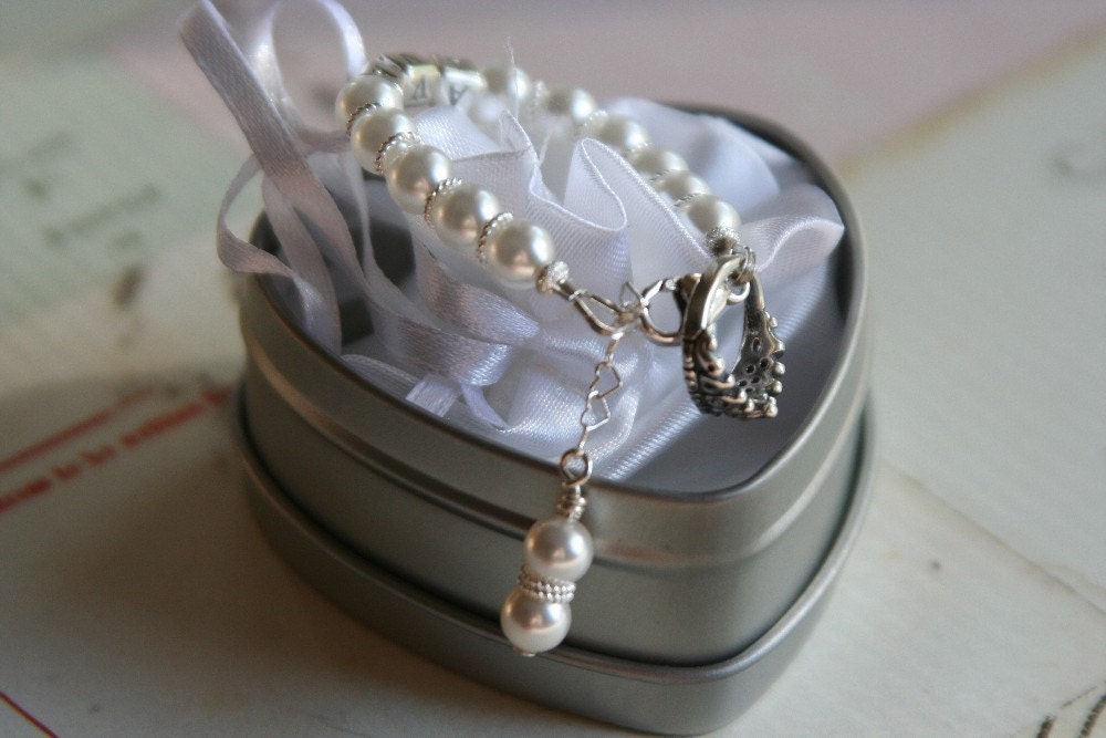 child's chunky style. Elegant Pearl Princess Heirloom Bracelet with personalization and charm