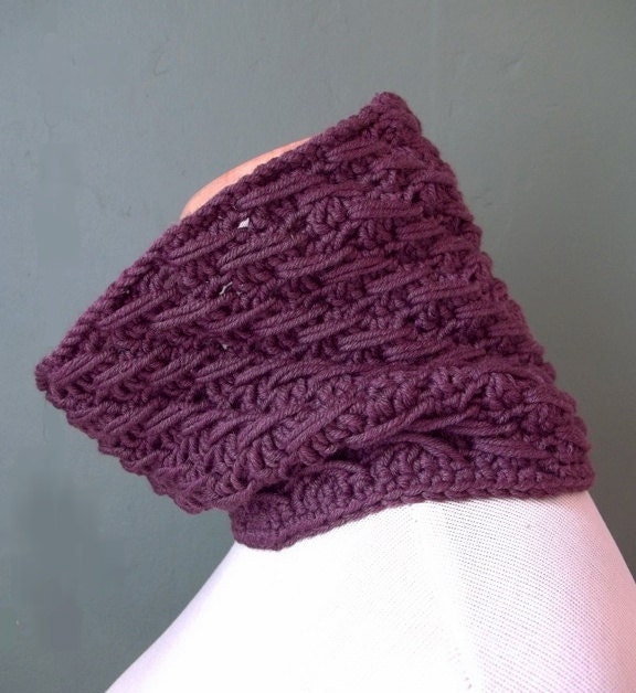 Cowl - Cashmere Blend Cowl in Textured Crochet Luxury Merino Wool Purple Plum Eggplant