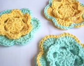 Flower Applique - 3 Extra Large Crocheted Flowers in Blue and Yellow, 4 inch diameter