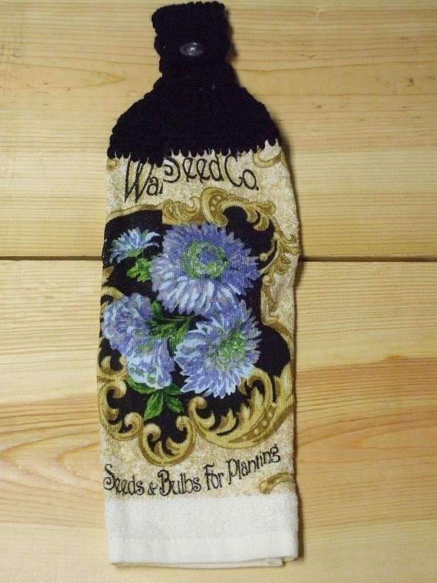 Blue And Purple Floral Hand Towel With Black Crocheted Top