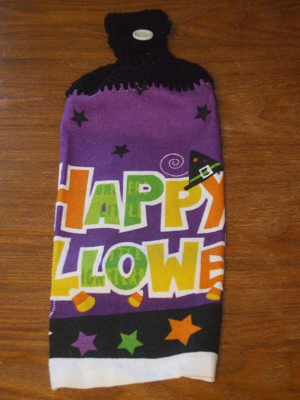 Happy Halloween Hand Towel With Black Crocheted Top-