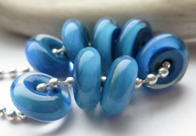 Sultry Blue Discs Lampwork Glass Beads  -  cerulean ocean  -   Handmade Glass Bead Set from Ellen Dooley SRA (8)