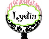 Retractable ID Badge Holder - Personalized Name Pink Zebra Black Damask and Lime Green