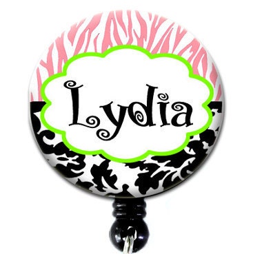Retractable ID Badge Holder - Personalized Name Pink Zebra Black Damask and Lime Green