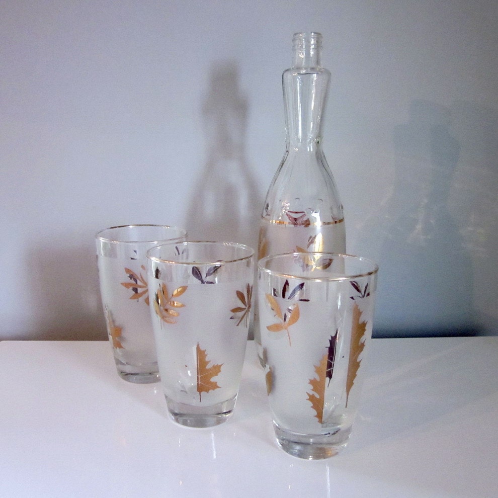 Three Vintage Beverage Glasses and Bottle - Gold Leaves