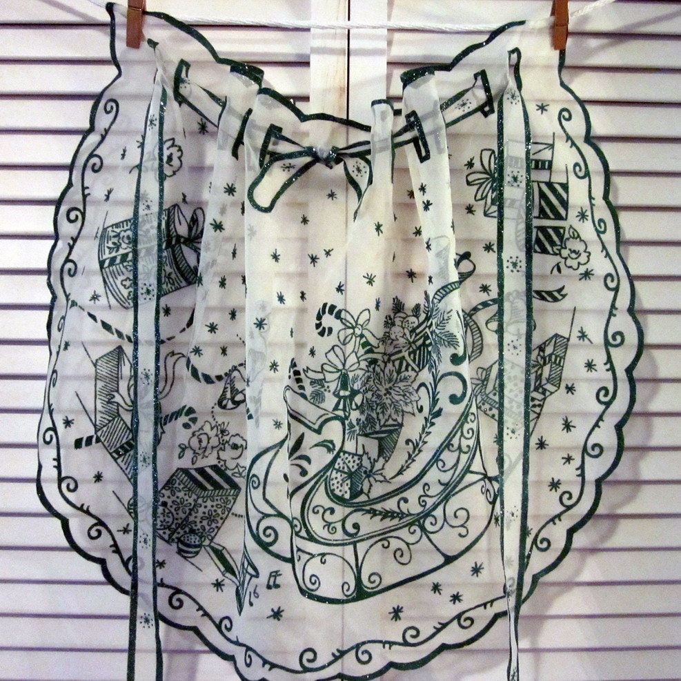 Vintage Sheer Flocked Christmas Apron - Green and White
