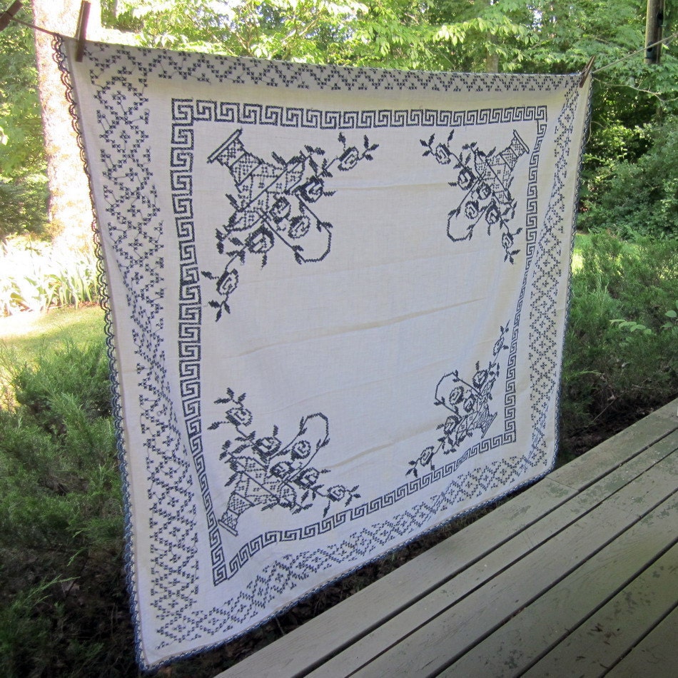 Vintage Linen Tablecloth - Blue and White Cross Stitched