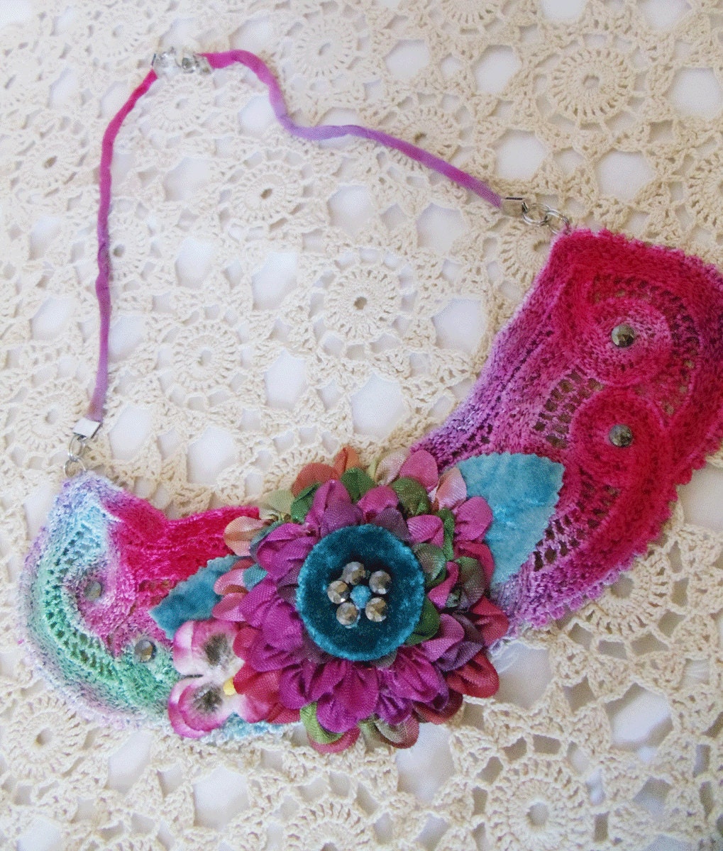 Venetian Lace Ruched Flower Necklace - Silk - Handdyed - Handcrafted Fiber Art