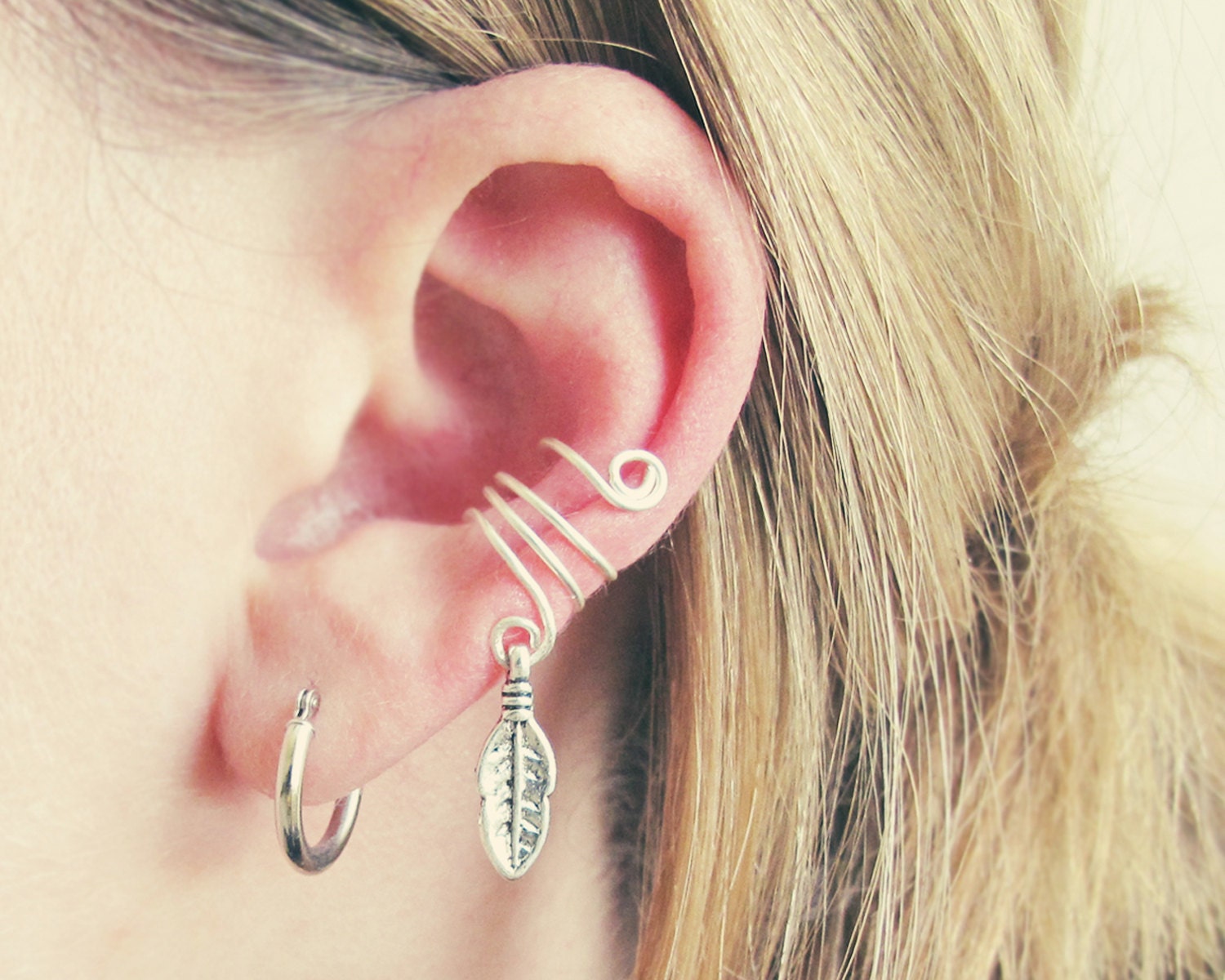 Wire Ear Cuff with Feather Charm - Choose Your Color