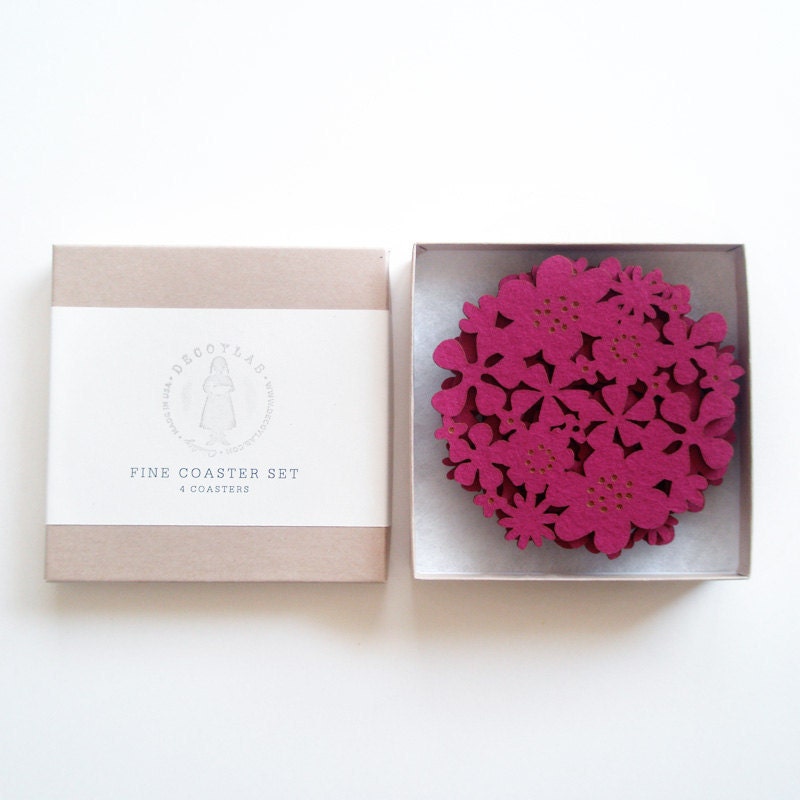 Felt Flower Coasters Set of 4 - Fuschia