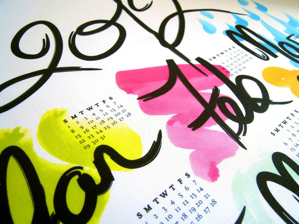 FREE SHIPPING - 2012 Calendar Happy New Year Linen Cotton Tea Towel