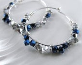 Charming Hoop Earrings - Sterling Silver, Swarovski Metallic Blue and Comet Crystals - alisonkelleydesigns