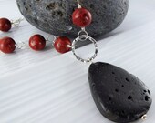 Lave Coral Connect Necklace - Lava Teardrop Pendant, Red Sponge Coral Beads, Sterling Silver