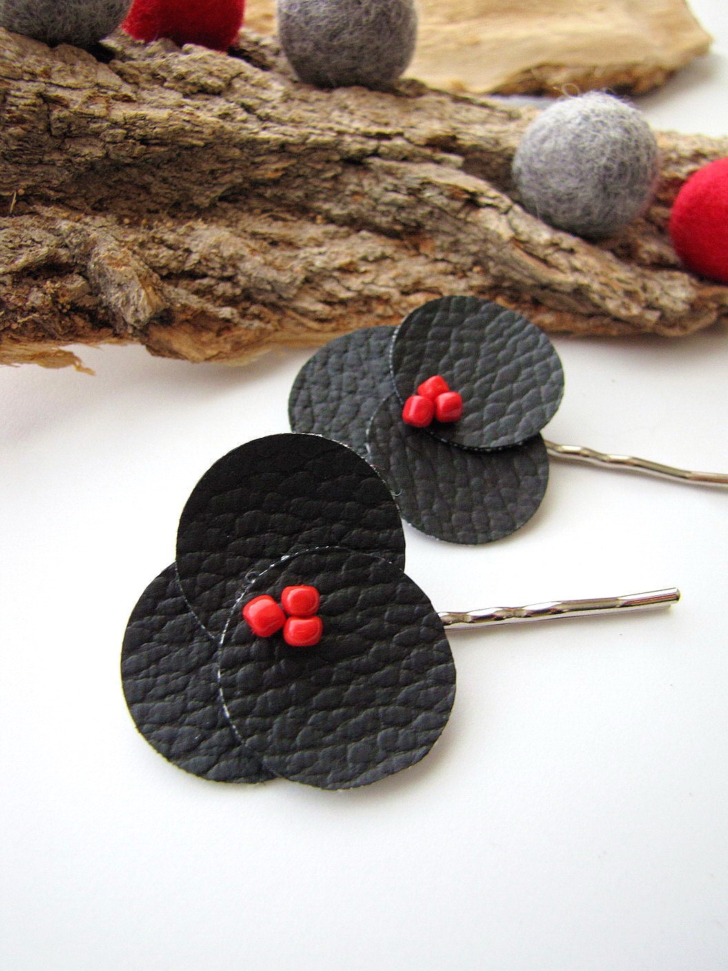 Handmade bobby pin with faux leather flowers ( set of 2 pcs) - TINY BLACK POSIES (with red beads) (h67)