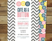 cute as a button baby shower invitation, baby girl, matching back side