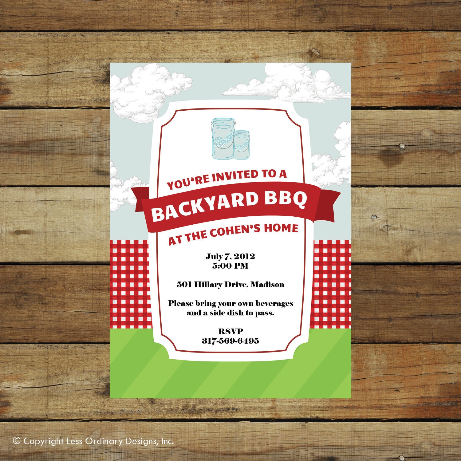 Modern picnic or BBQ invitation, fourth of july, mason jars