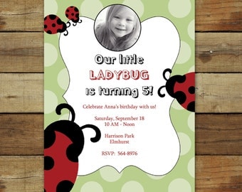 modern ladybug photo birthday party invitation