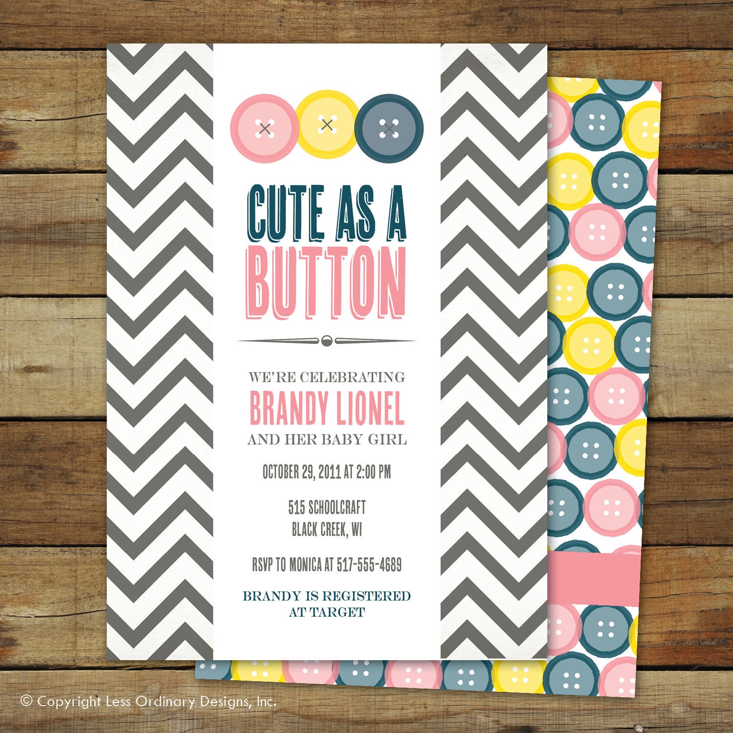 cute as a button baby shower invitation, baby girl, matching back side