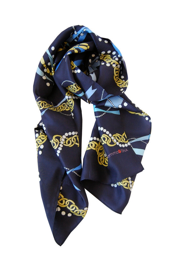 Navy Chain Stripes Silk Scarf