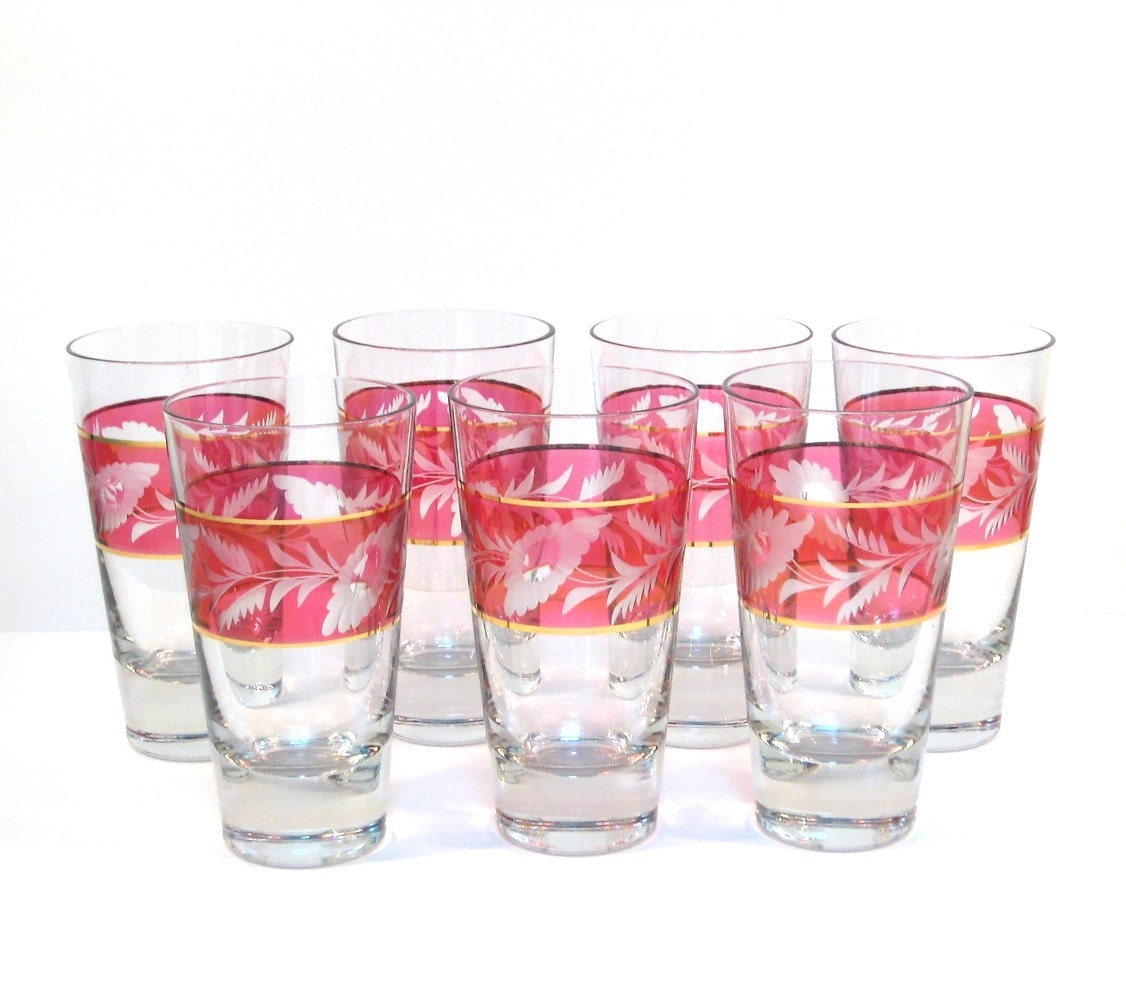 Vintage Etched Glass Tumblers - Set of 7 Glasses