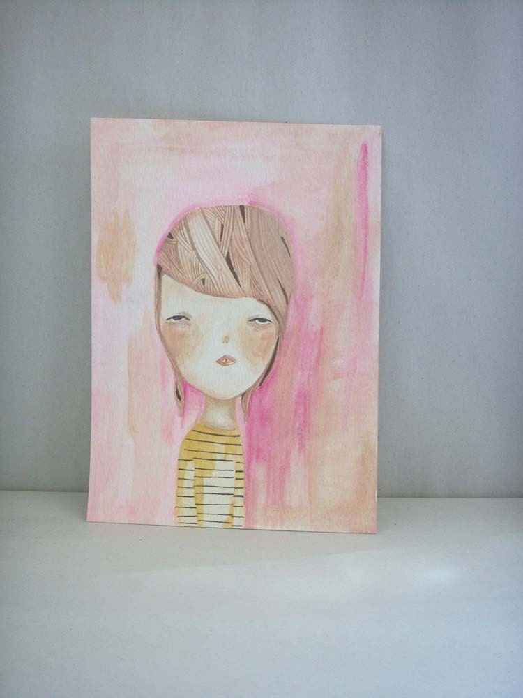 original painting on paper girl portrait-there was the distance
