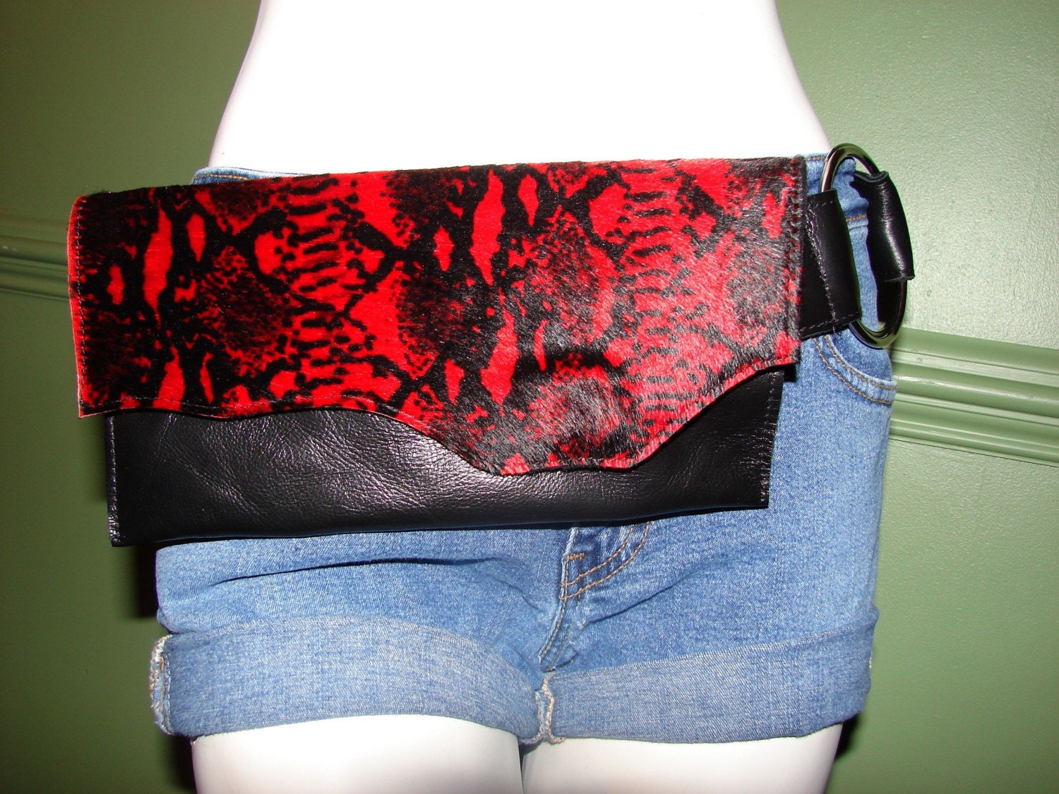 Beatrice FANNY waist HIP BAG - Black and red, hair on cowhide leather