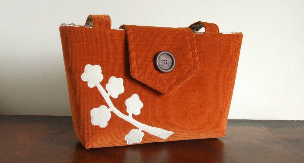 The Wayfarer Purse in Corduroy with a Blossom Branch Applique