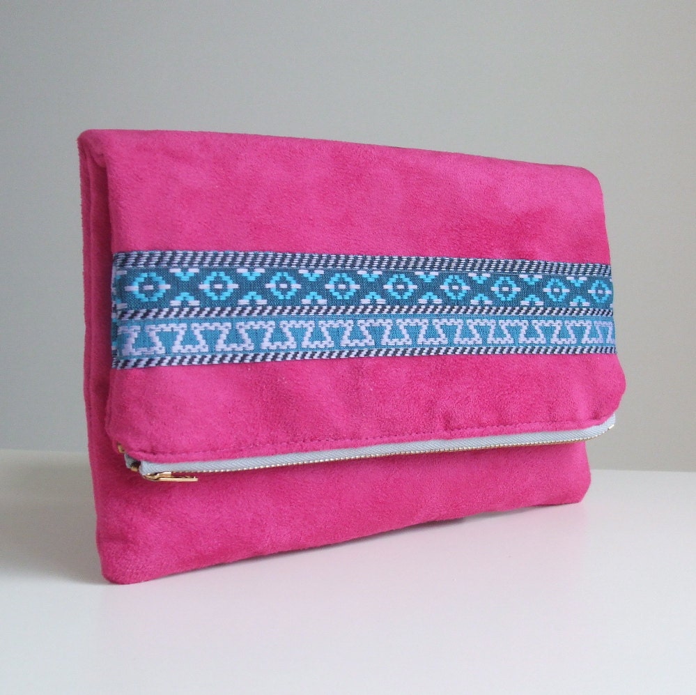 ON SALE Foldover Clutch Bag - Southwestern Woven Trim and Faux Suede in Fuchsia - Zippered Envelope Purse
