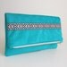 Foldover Clutch Bag - Southwestern Style Woven Trim - Teal Faux Suede - Zippered Envelope Purse