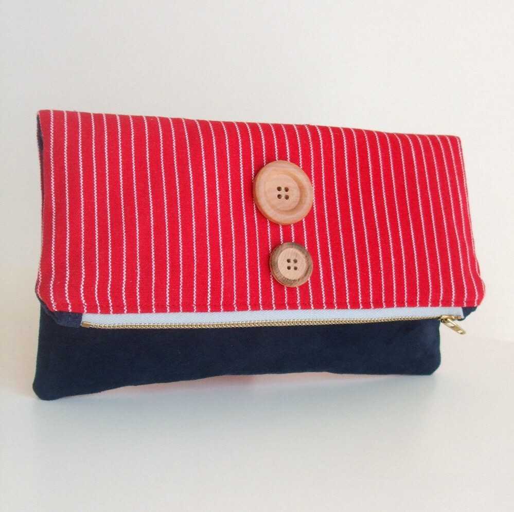 Foldover Clutch Bag - Woven Cotton from Guatemala in Red and White Stripes - Marine Blue Faux Suede
