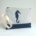 ON SALE Large Wristlet - Seahorse Applique - Cotton Ticking Stripe - Faux Suede - Vegan