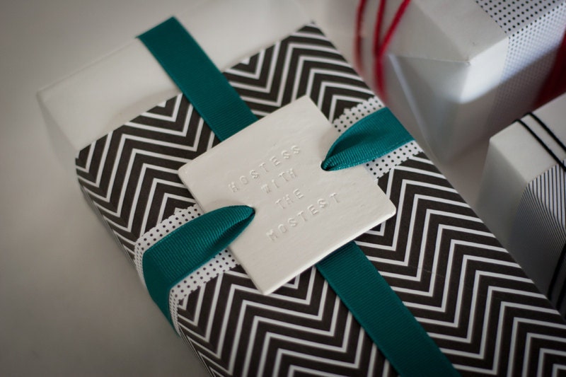 HOSTESS with the MOSTEST : Large Square White Hostess Gift Tag Double Button Hole (quantity 4)