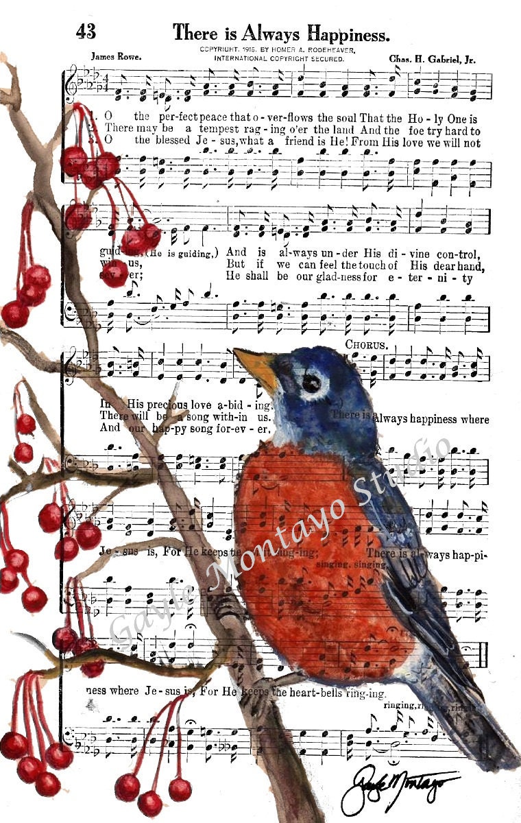 ROBIN Art Print /There Is Always Happiness /Religious Spiritual Song 5X7 bird collection Free Shipping