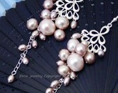 Pink Pearl EArrings, Sterling Silver Earrings, Long cluster Earrings, Chandelier Earrings,Cascade Earrings, Bridal Earrings